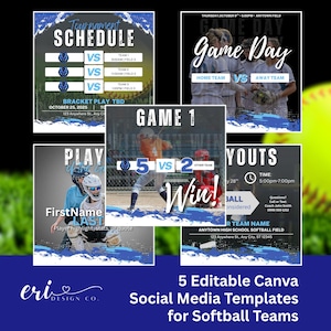 Puede incluir: Cinco plantillas editables de redes sociales de Canva para equipos de softbol. Las plantillas incluyen un calendario de torneos, un anuncio del día del partido, la puntuación del partido, los aspectos más destacados de los jugadores y la información del equipo. Las plantillas son en tonos de azul, blanco y verde.