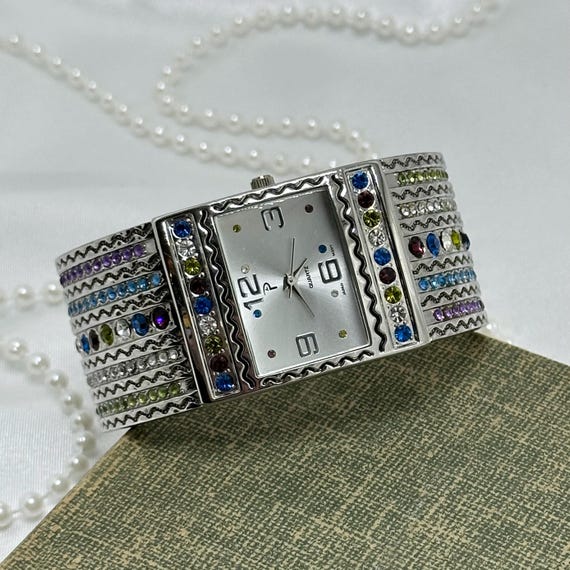 Silver Multicolor Gemstone Cuff Watch - image 4