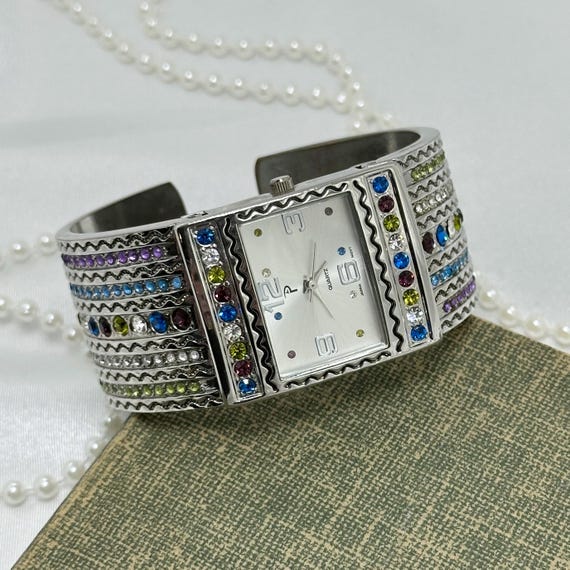 Silver Multicolor Gemstone Cuff Watch - image 1