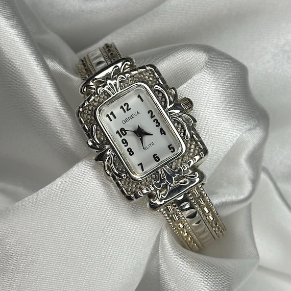 Elegant Silver Geneva Cuff Watch With Intricate Filigree - Etsy