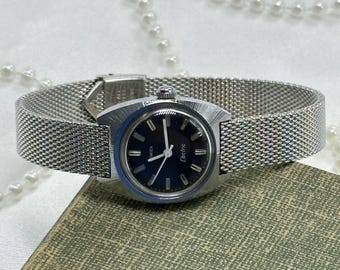 Silver Timex Watch with Navy Blue Dial