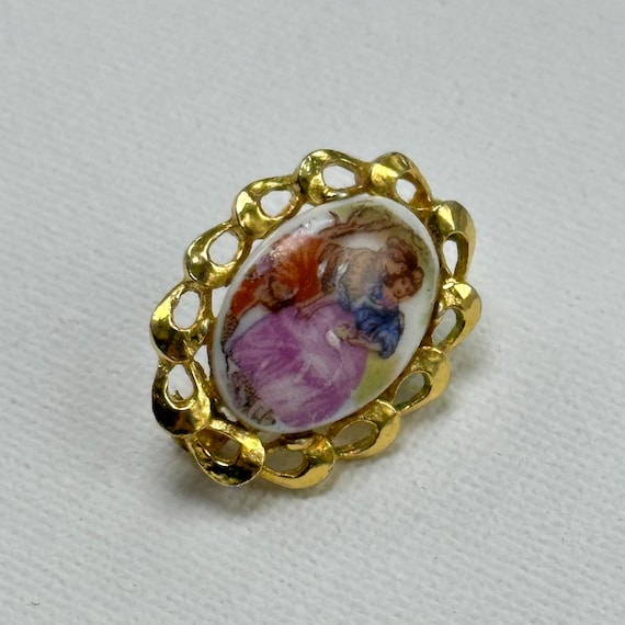 Limoges France Painted Porcelain Portrait Gold Brooch