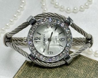 Silver Diamanté Geneva Cuff Watch - Etsy display picture 3