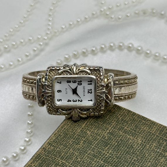 Elegant Silver Geneva Cuff Watch With Intricate Filigree - Etsy display picture 1