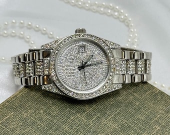Silver Iced Out Geneva Watch