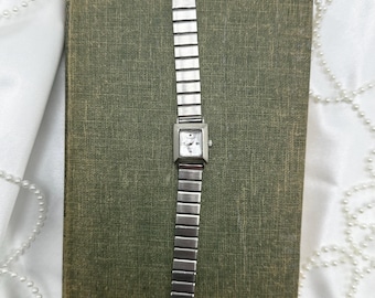 Silver Square Dial Watch with Faceted Crystal