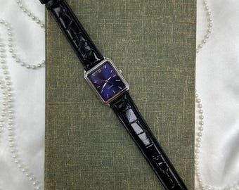 Classic Silver Watch with Blue Rectangle Dial and Black Leather Band