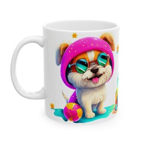 Beach Surfing Puppies Ceramic Mug - Cute Dog Lover Gift, Coffee Cup, Tea Mug, Animal Lover Present, Beach Theme Kitchen Decor
