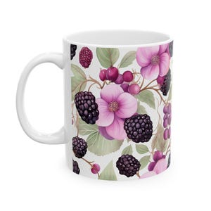 Fruit Floral Ceramic Mug, Blackberries Cherries Flowers on White Cup, Kitchen Decor, Gift for Mom, Coffee Tea Mug, Custom Mug, Farmhouse Mug