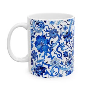 Blue Flowers Chinese Dynasty Ceramic Mug, 11oz 15oz, Floral Coffee Cup, Gift for Friends, Tea Lover&#39;s Mug, Asian Inspired Kitchen Decor,