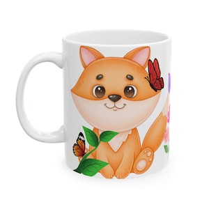 Woodland Animals Ceramic Mug, Adorable Fox and Squirrel Coffee Cup, Butterfly Tea Mug, Forest Creatures Drinkware, Nature Lover Gift