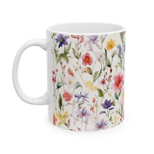 Multicolor Flowers Ceramic Mug, nature lovers gift, spring decor, White 11oz 15oz Cup, floral coffee mug, botanical tea cup