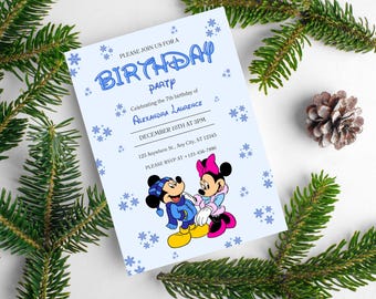 Xmas Mickey & Minnie Mouse Invitation, Winter Birthday Party Invitation, Christmas Party, Digital, Editable, Disney Xmas, Bday Disney Card