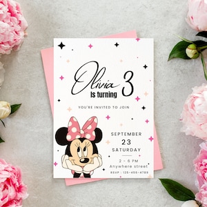 May include: A pink and white birthday invitation with a cartoon image of Minnie Mouse. The invitation says "Olivia is turning 3" and includes the date, time, and location of the party.