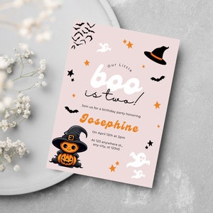 Invitación de cumpleaños de Halloween, invitación a fiesta de cumpleaños para niños, plantilla editable, nuestro pequeño abucheo, cumpleaños de niña, tema rosa de Halloween, imprimible