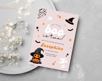 Halloween Birthday Invitation, Kids Birthday Party Invite, Editable Template, Our Little Boo, Girl Birthday, Pink Halloween theme, Printable