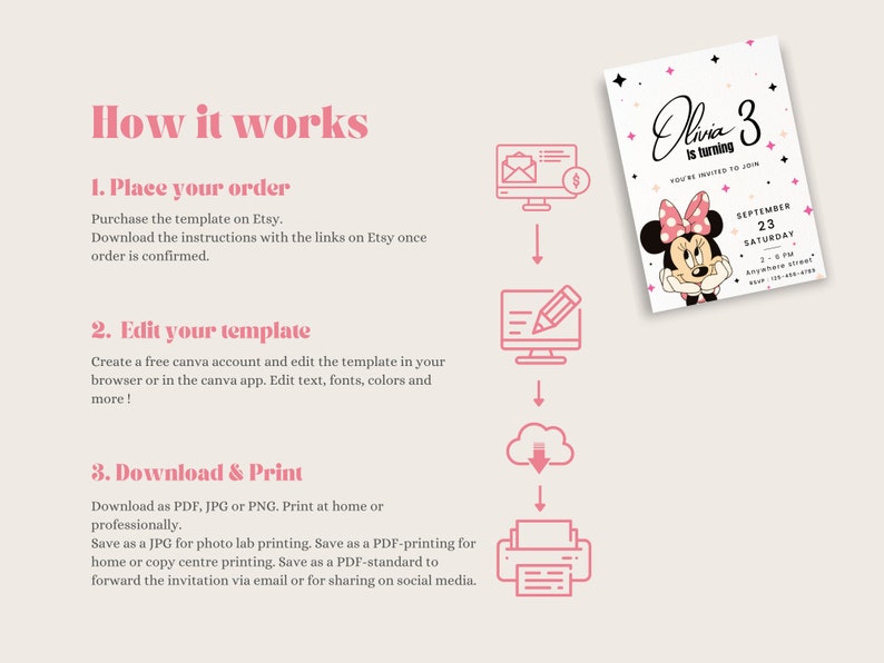 May include: A pink and white printable invitation for a child's birthday party. The invitation features a cartoon image of Minnie Mouse and the text "Olivia is turning 3".