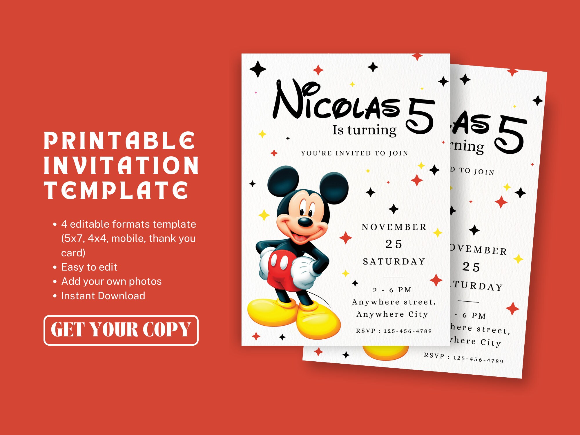 Mickey Mouse Birthday Invitation, Digital Party Invite, Editable Canva ...