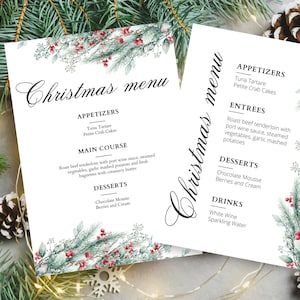 Menu Jantar de Natal, Três Menus Diferentes, Menu de Véspera de Natal, Imprimível, Digital, Modelo Editável, Menu Minimalista de Férias,