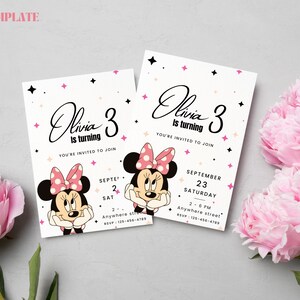 May include: A white invitation card with pink and black polka dots. The card features a cartoon image of Minnie Mouse and the text "Olivia is turning 3" with details about the birthday party.