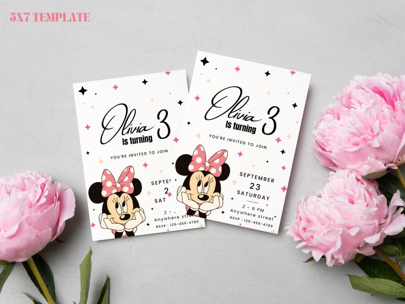 May include: A white invitation card with pink and black polka dots. The card features a cartoon image of Minnie Mouse and the text "Olivia is turning 3" with details about the birthday party.