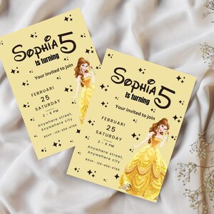 Invito di compleanno della principessa Belle, Principessa Disney, Belle e la Bestia, Festa per bambini, Vestito giallo, Invito digitale, Modificabile, Stampabile