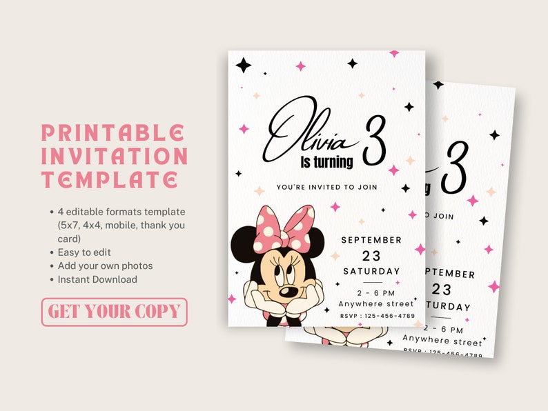 May include: Printable invitation template featuring a cartoon Minnie Mouse with a pink bow. The text reads "Olivia is turning 3" and includes the date and time of the event.
