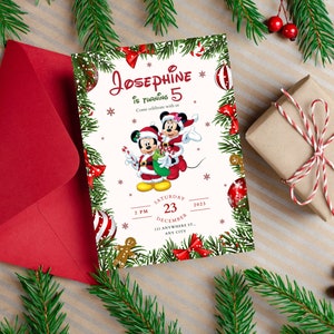 Mickey & Minnie Mouse Weihnachtseinladung, Winter-Geburtstagsfeier-Einladung, Weihnachtsfeier, digital, bearbeitbar, Disney-Weihnachten