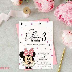 May include: A pink and white birthday invitation with a cartoon image of Minnie Mouse. The invitation says "Olivia is turning 3" and includes details for a party on September 23rd.