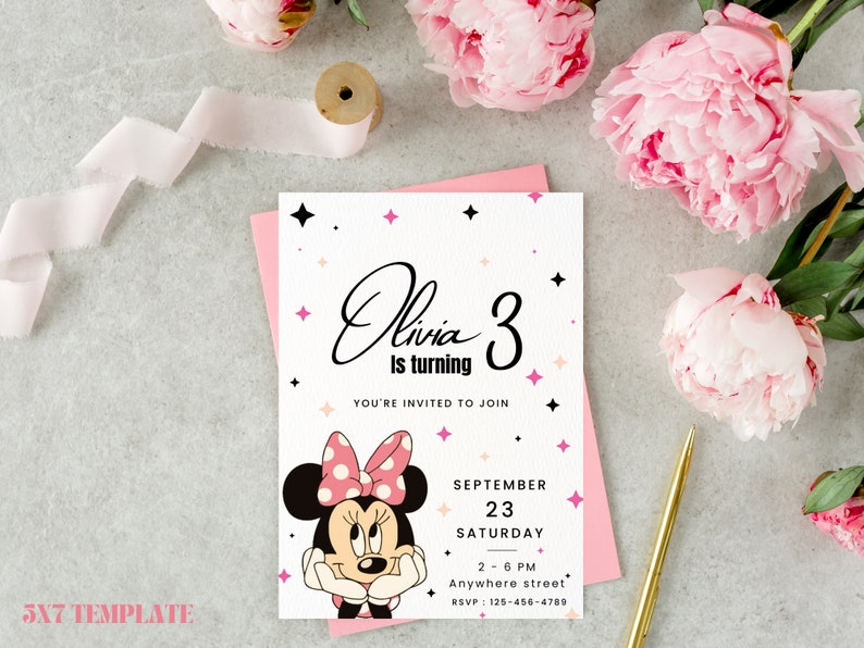 May include: A pink and white birthday invitation with a cartoon image of Minnie Mouse. The invitation says "Olivia is turning 3" and includes details for a party on September 23rd.