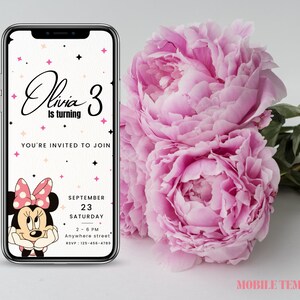 May include: A mobile phone screen displaying a birthday invitation for Olivia's 3rd birthday party. The invitation features a cartoon image of Minnie Mouse, pink and white stars, and the text "Olivia is turning 3. You're invited to join. September 23, Saturday, 2-6 PM, Anywhere street, RSVP: 125-456-4789."