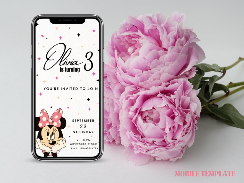 May include: A mobile phone screen displaying a birthday invitation for Olivia's 3rd birthday party. The invitation features a cartoon image of Minnie Mouse, pink and white stars, and the text "Olivia is turning 3. You're invited to join. September 23, Saturday, 2-6 PM, Anywhere street, RSVP: 125-456-4789."
