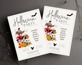 Könnte beinhalten: Eine Einladung zu einer Halloween-Party mit Mickey Mouse, Donald Duck, Goofy und Pluto in Kostümen. Die Einladung enthält den Text "Halloween Party" und Details zur Veranstaltung, einschließlich Datum, Uhrzeit und Ort.