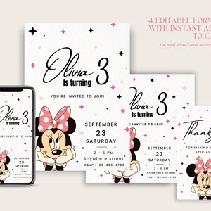 May include: Printable birthday invitation featuring a cartoon Minnie Mouse with pink polka dots. The invitation says "Olivia is turning 3" and includes details for a party on September 23rd.