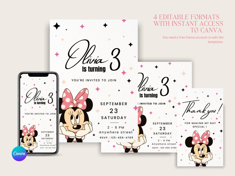 May include: Printable birthday invitation featuring a cartoon Minnie Mouse with pink polka dots. The invitation says "Olivia is turning 3" and includes details for a party on September 23rd.