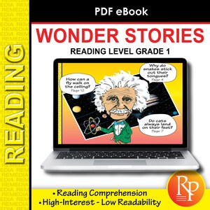 May include: A laptop computer screen displaying a colourful cartoon illustration of Albert Einstein. The text on the screen reads "Wonder Stories Reading Level Grade 1". The text below the laptop reads "Reading Comprehension High-Interest - Low Readability".