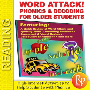 Może przedstawiać: Różowa i fioletowa okładka książki z tytułem "Word Attack! Phonics & Decoding for Older Students". Okładka zawiera ilustracje jabłka, krawata i taksówki z napisami "Apple", "Necktie" i "Tax-i-cab". Książka została stworzona, aby pomóc uczniom w nauce fonetyki.