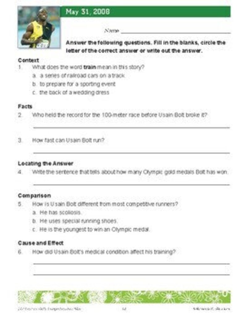 Usain Bolt Reading Comprehension Non Fiction Main Idea Activities Etsy