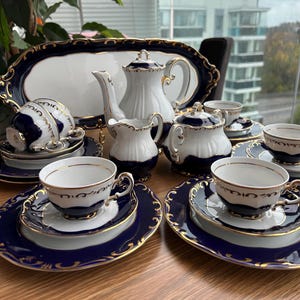 Service à café expresso Zsolnay Pompadour en porcelaine bleu cobalt et or pour 6 personnes, service de luxe en porcelaine fine hongroise, estampillé Pecs