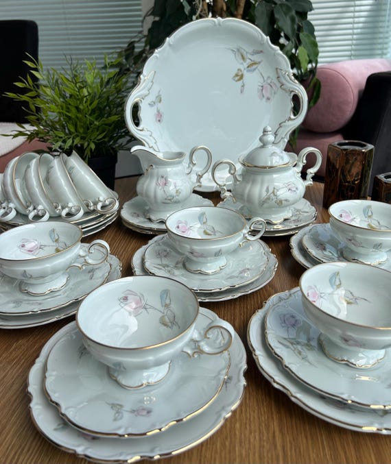 Vintage Hutschenreuther Sylvia Porcelain Tea Set, German Rose Fine China (1946-1964)