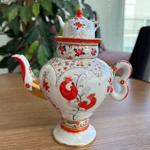 Vintage Lomonosov LFZ Samovar Tekanna "Folkmotiv" Rooster 1:a kvalitet Tillverkad i Sovjetunionen, Rysk sovjetisk porslins-tekanna 1970-talet