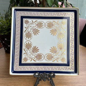Vintage Vista Alegre "Grecia Az" Large Square Porcelain Platter 27cm / 10.6" - Cobalt Blue & 24k Gold Greek Key Serving Plate