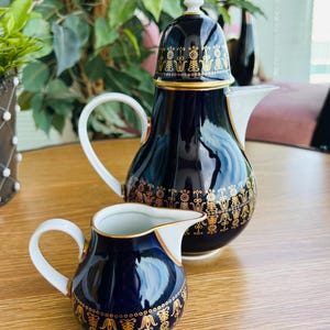 Caffettiera/lattiera vintage Lichte GDR blu cobalto, Germania dell'Est, porcellana Echt Kobalt, Turingia 1777, porcellana fine, servizio da caffè dorato