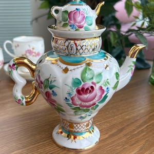 Sällsynt Lomonosov LFZ Porslins Tekanna "Samovar" "Ljus dag", Dubbel Tekanna med Mini Tekannalock. Postsovjetisk 1990-tal, Handmålad 22k Guld