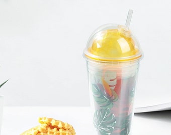 Tropical Tumbler with Lid and Straw: Reusable Double Wall Plastic Cup