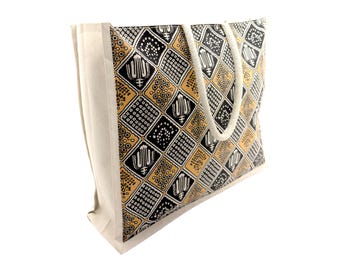 Reusable Eco Canvas Bohemian Ethnic Large Handle Sling Bag with Zipper Closure Traditional Design Multi Purpose Handbag for Work & Leisure