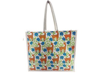 Reusable Ethnic Printed Eco Canvas Bohemian Style Shoulder Sling Bag, Large Handle with Zipper Closure,Multi Purpose Bag for Work & Leisure