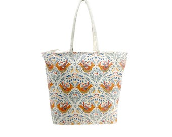 Eco Friendly Ethnic Canvas Reusable Market Shopping Bag,Handmade Colorful Bird Floral Print, Everyday Multi Purpose Bag for Work & Leisure