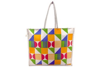Reusable Canvas Eco Friendly Shoulder and Shopping Bag with Large Handle with Zipper Closure,Geometric Bag,Multi Purpose for Work & Leisure