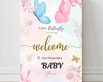 Gedruckt + versandt Geschlechtsneutrales Babyparty-Willkommensschild, Baby in Bloom-Einladung, Schmetterlings-Babyparty, Blumenschaumbrett-Party Willkommen